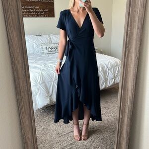 ALTAR’D state navy blue chiffon a-line wrap high low formal dress